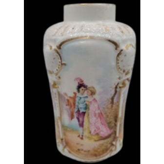 Antique Rocco Revival Style Vase Beautiful Victorian Scene Lovers Gold Trim 5.75"