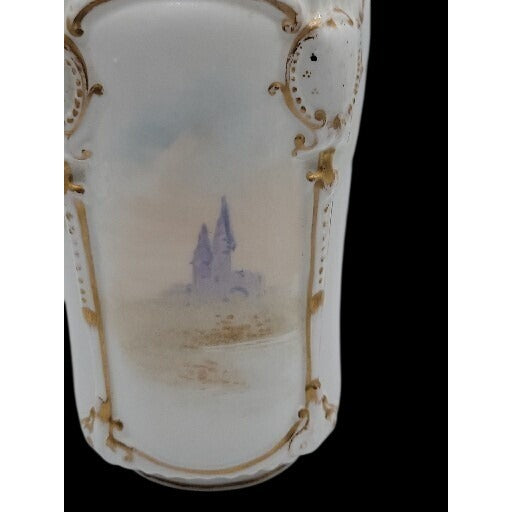 Antique Rocco Revival Style Vase Beautiful Victorian Scene Lovers Gold Trim 5.75"