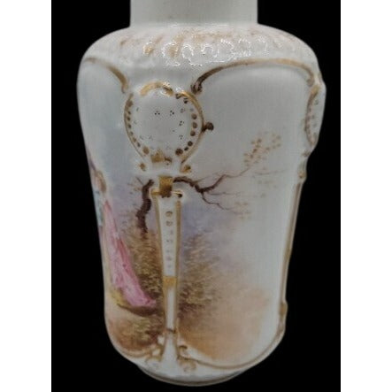 Antique Rocco Revival Style Vase Beautiful Victorian Scene Lovers Gold Trim 5.75"