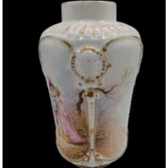 Antique Rocco Revival Style Vase Beautiful Victorian Scene Lovers Gold Trim 5.75"