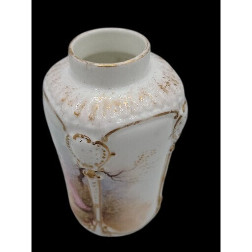 Antique Rocco Revival Style Vase Beautiful Victorian Scene Lovers Gold Trim 5.75"