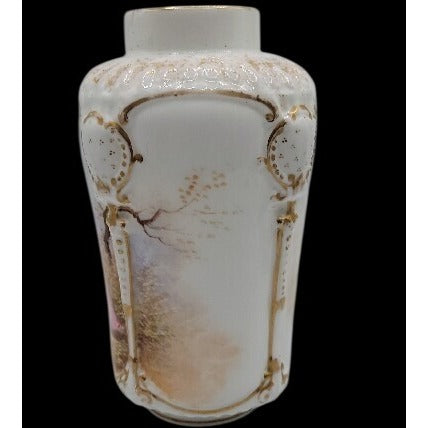 Antique Rocco Revival Style Vase Beautiful Victorian Scene Lovers Gold Trim 5.75"