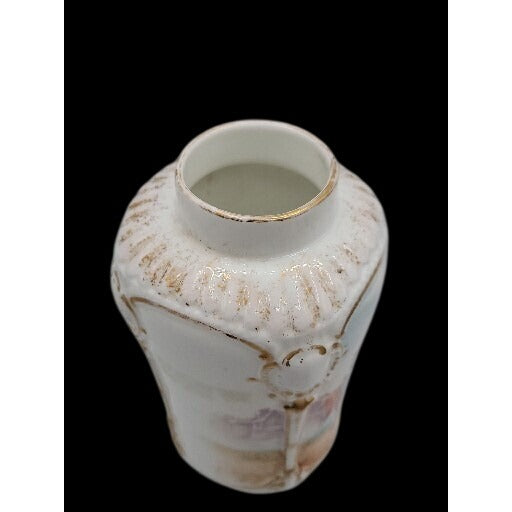 Antique Rocco Revival Style Vase Beautiful Victorian Scene Lovers Gold Trim 5.75"