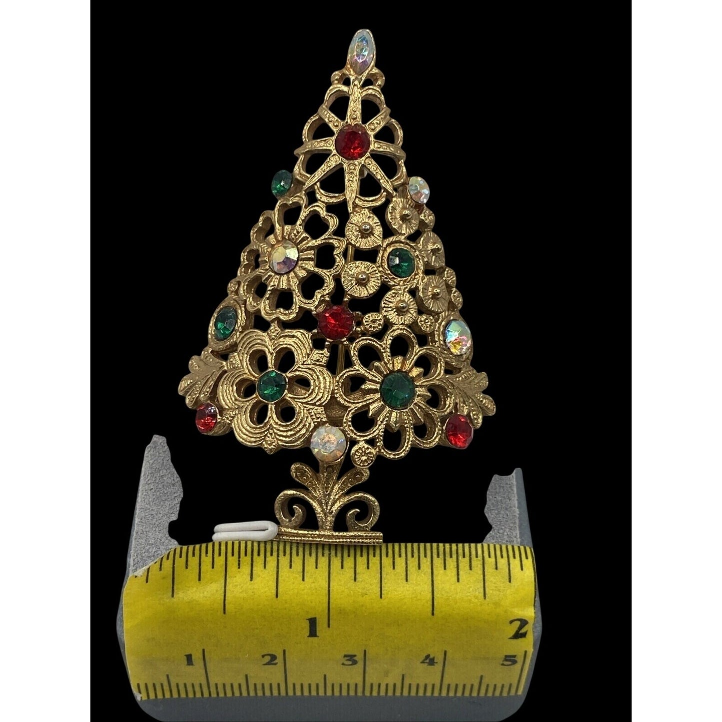 Mylu Floral Rhinestones Christmas Tree Brooch Goldtone