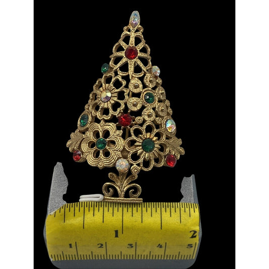 Mylu Floral Rhinestones Christmas Tree Brooch Goldtone