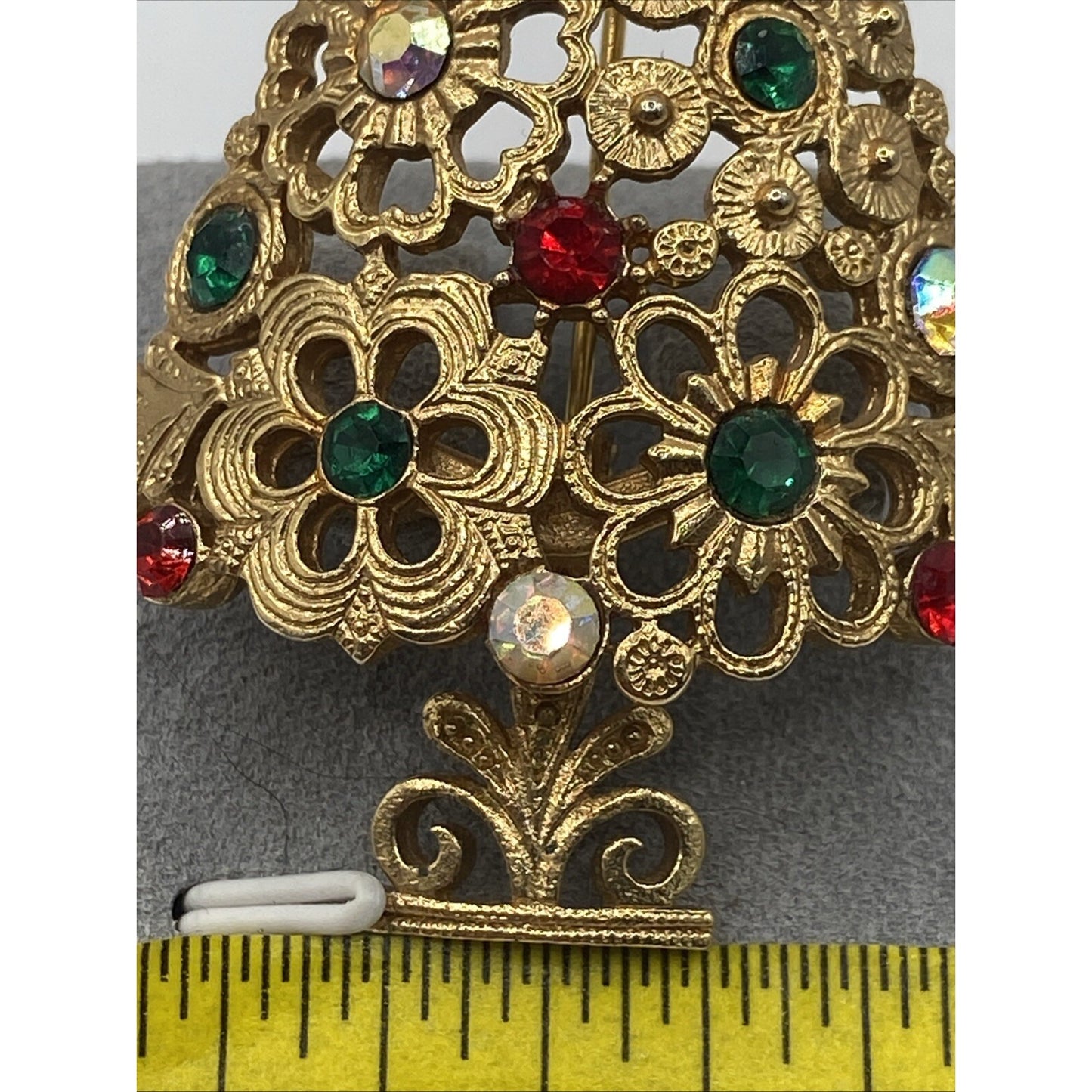 Mylu Floral Rhinestones Christmas Tree Brooch Goldtone