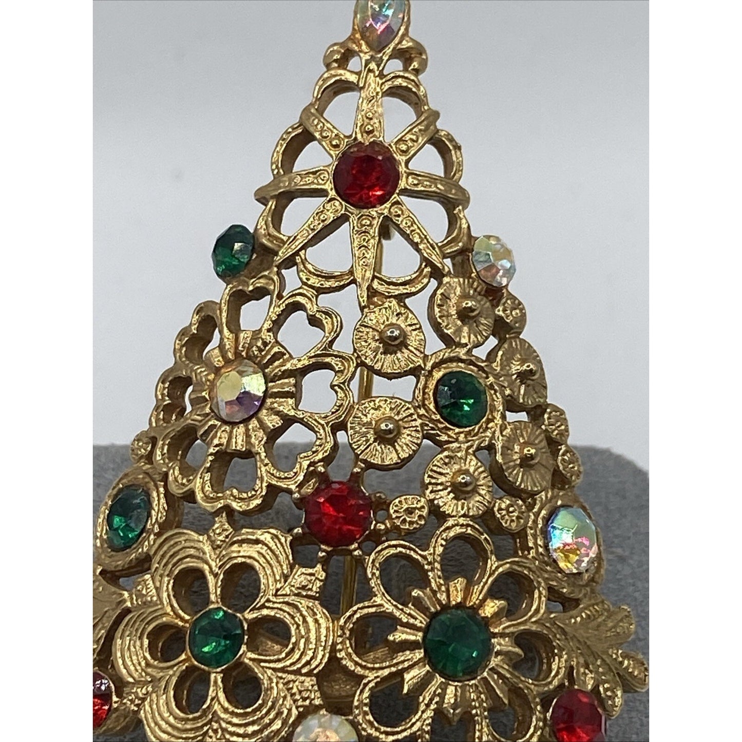 Mylu Floral Rhinestones Christmas Tree Brooch Goldtone