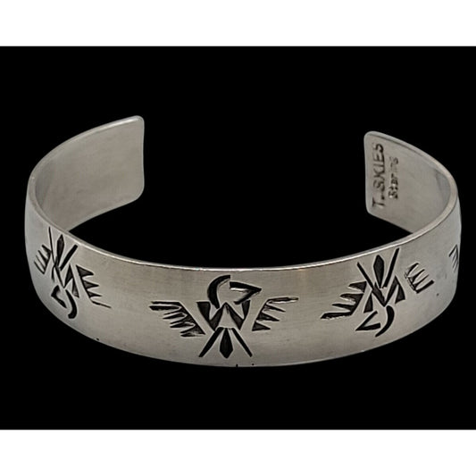 T Skies Sterling Silver Thunderbird Open Cuff Bracelet Native American SZ 6.5"