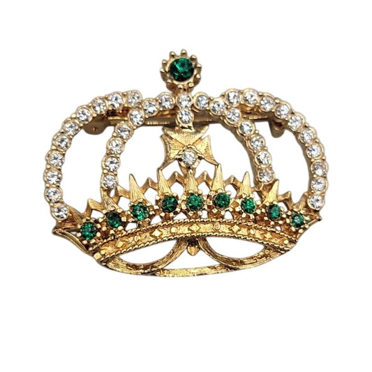 Vintage Crystal Jeweled Crown Brooch Pin Gold Tone Green Clear Rhinestones