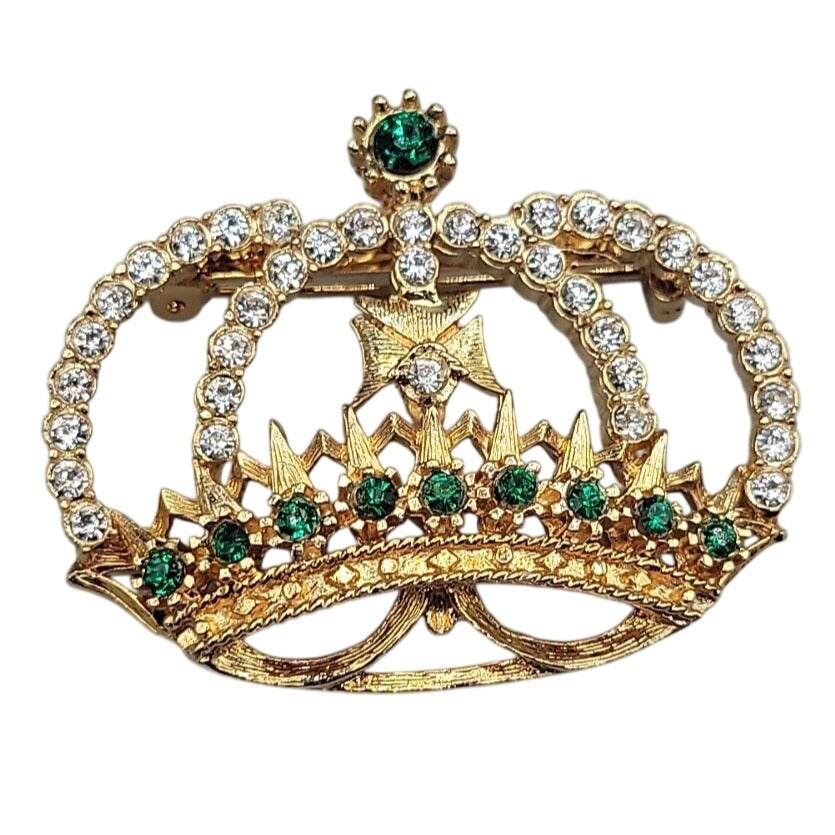 Vintage Crystal Jeweled Crown Brooch Pin Gold Tone Green Clear Rhinestones