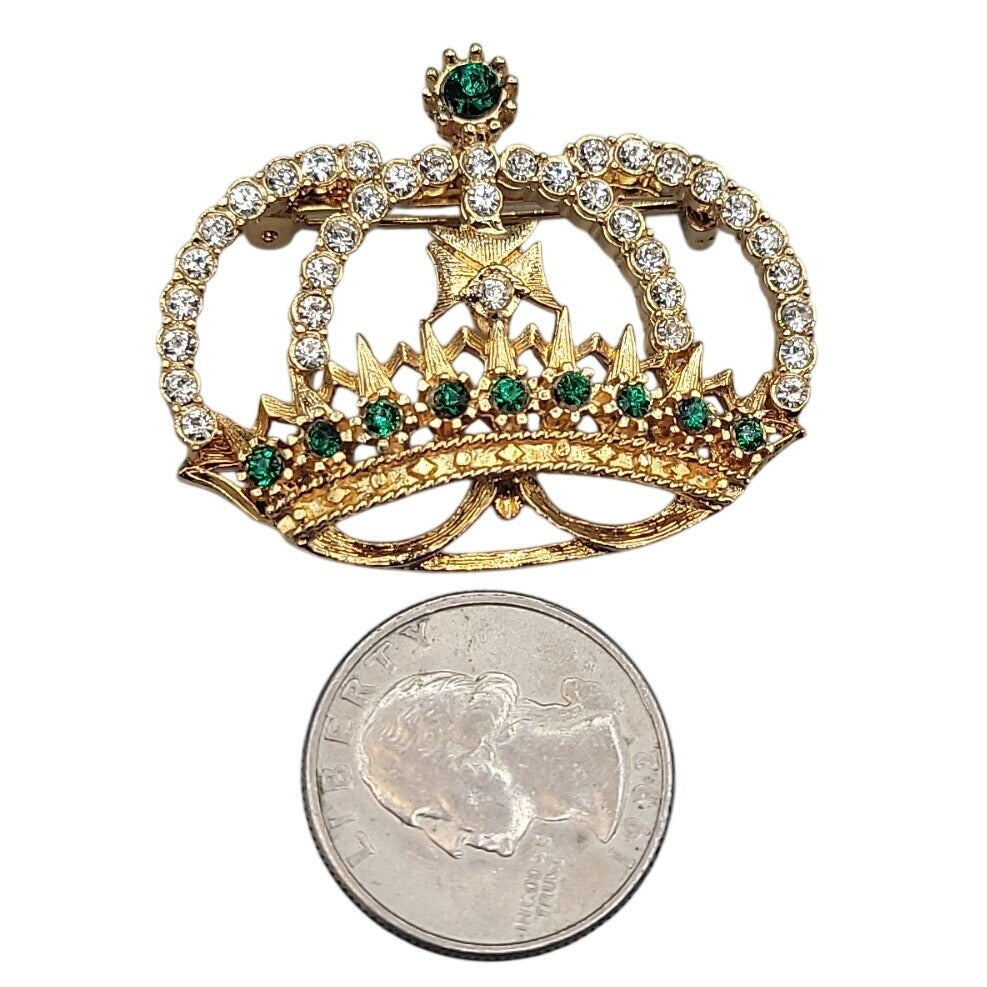 Vintage Crystal Jeweled Crown Brooch Pin Gold Tone Green Clear Rhinestones
