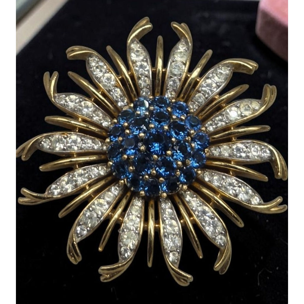 Vintage Crown Trifari Alfred Philippe Blue Crystal Chrysanthemum Flower Brooch