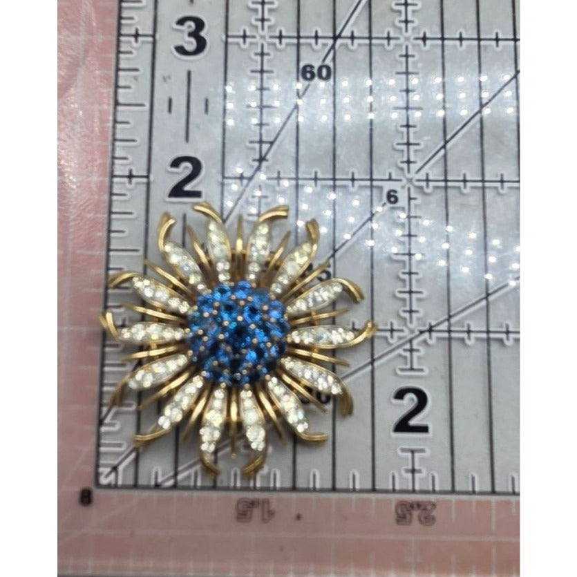 Vintage Crown Trifari Alfred Philippe Blue Crystal Chrysanthemum Flower Brooch