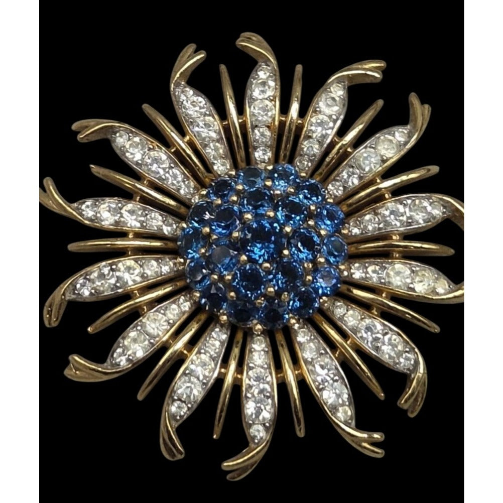 Vintage Crown Trifari Alfred Philippe Blue Crystal Chrysanthemum Flower Brooch