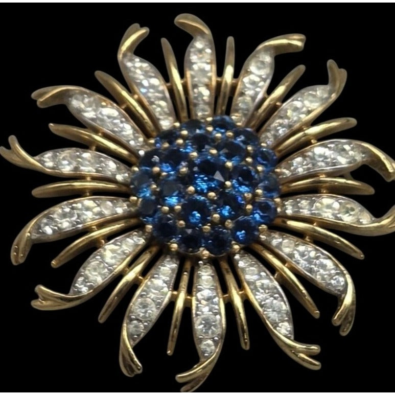 Vintage Crown Trifari Alfred Philippe Blue Crystal Chrysanthemum Flower Brooch