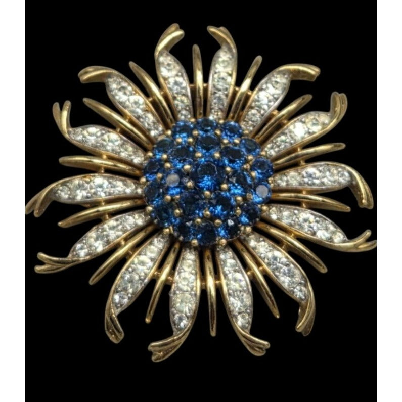 Vintage Crown Trifari Alfred Philippe Blue Crystal Chrysanthemum Flower Brooch