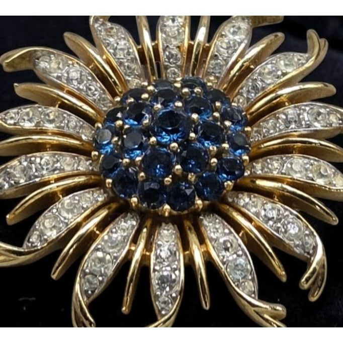 Vintage Crown Trifari Alfred Philippe Blue Crystal Chrysanthemum Flower Brooch