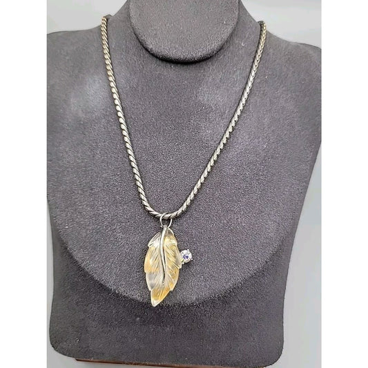 Vintage Lucite Leaf Pendant Necklace Aurora Borealis Rhinestone 17" Silver Tone
