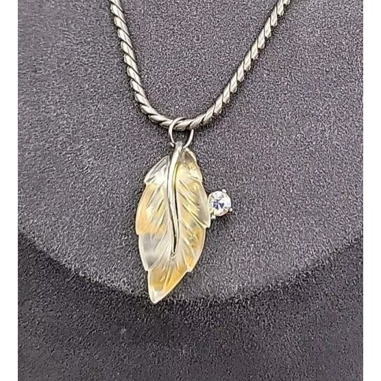 Vintage Lucite Leaf Pendant Necklace Aurora Borealis Rhinestone 17" Silver Tone