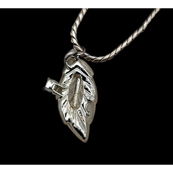 Vintage Lucite Leaf Pendant Necklace Aurora Borealis Rhinestone 17" Silver Tone
