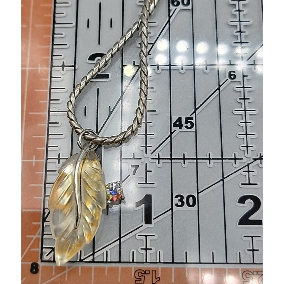 Vintage Lucite Leaf Pendant Necklace Aurora Borealis Rhinestone 17" Silver Tone