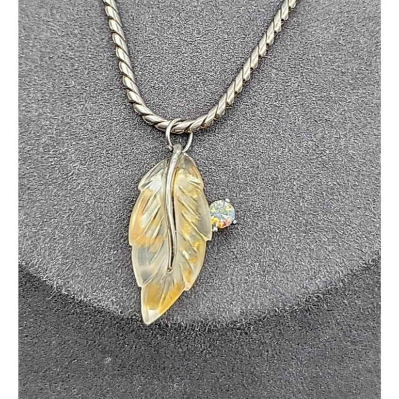 Vintage Lucite Leaf Pendant Necklace Aurora Borealis Rhinestone 17" Silver Tone