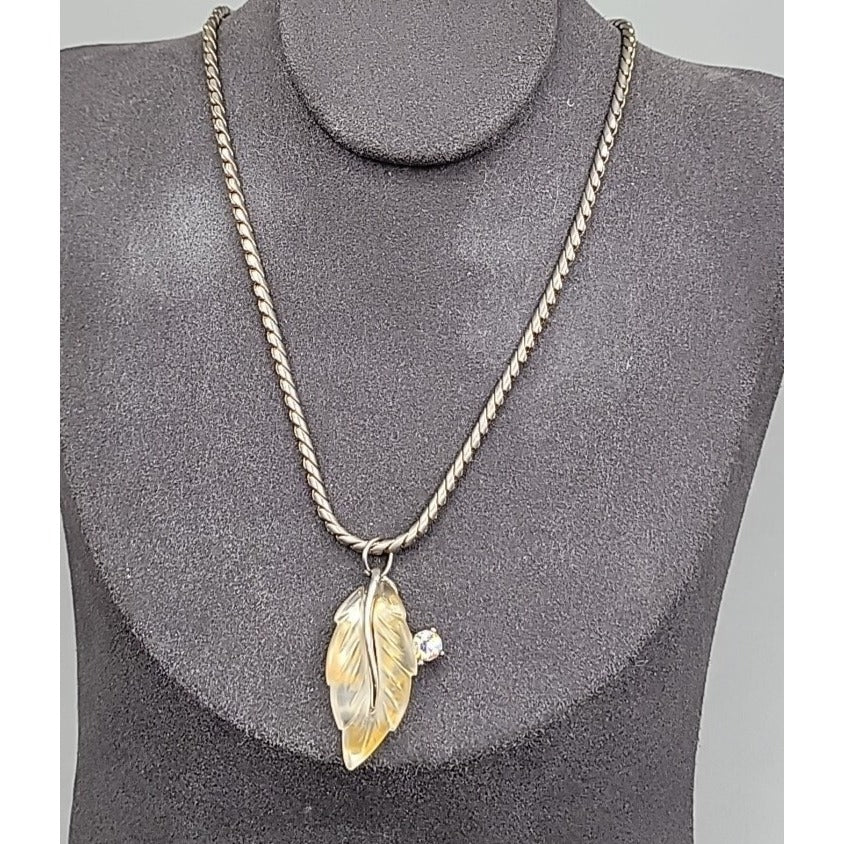 Vintage Lucite Leaf Pendant Necklace Aurora Borealis Rhinestone 17" Silver Tone
