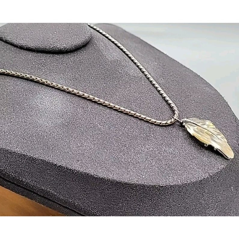 Vintage Lucite Leaf Pendant Necklace Aurora Borealis Rhinestone 17" Silver Tone