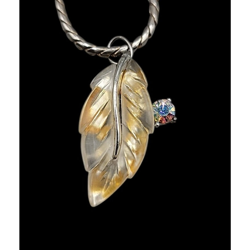 Vintage Lucite Leaf Pendant Necklace Aurora Borealis Rhinestone 17" Silver Tone