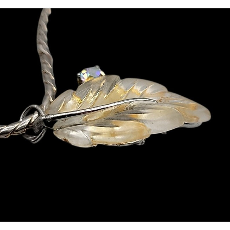 Vintage Lucite Leaf Pendant Necklace Aurora Borealis Rhinestone 17" Silver Tone