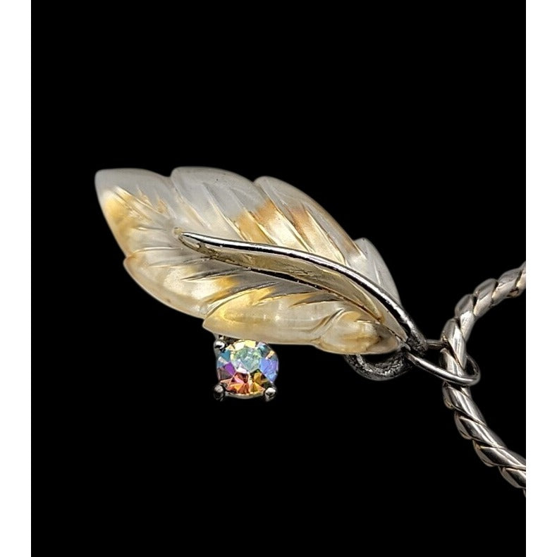 Vintage Lucite Leaf Pendant Necklace Aurora Borealis Rhinestone 17" Silver Tone