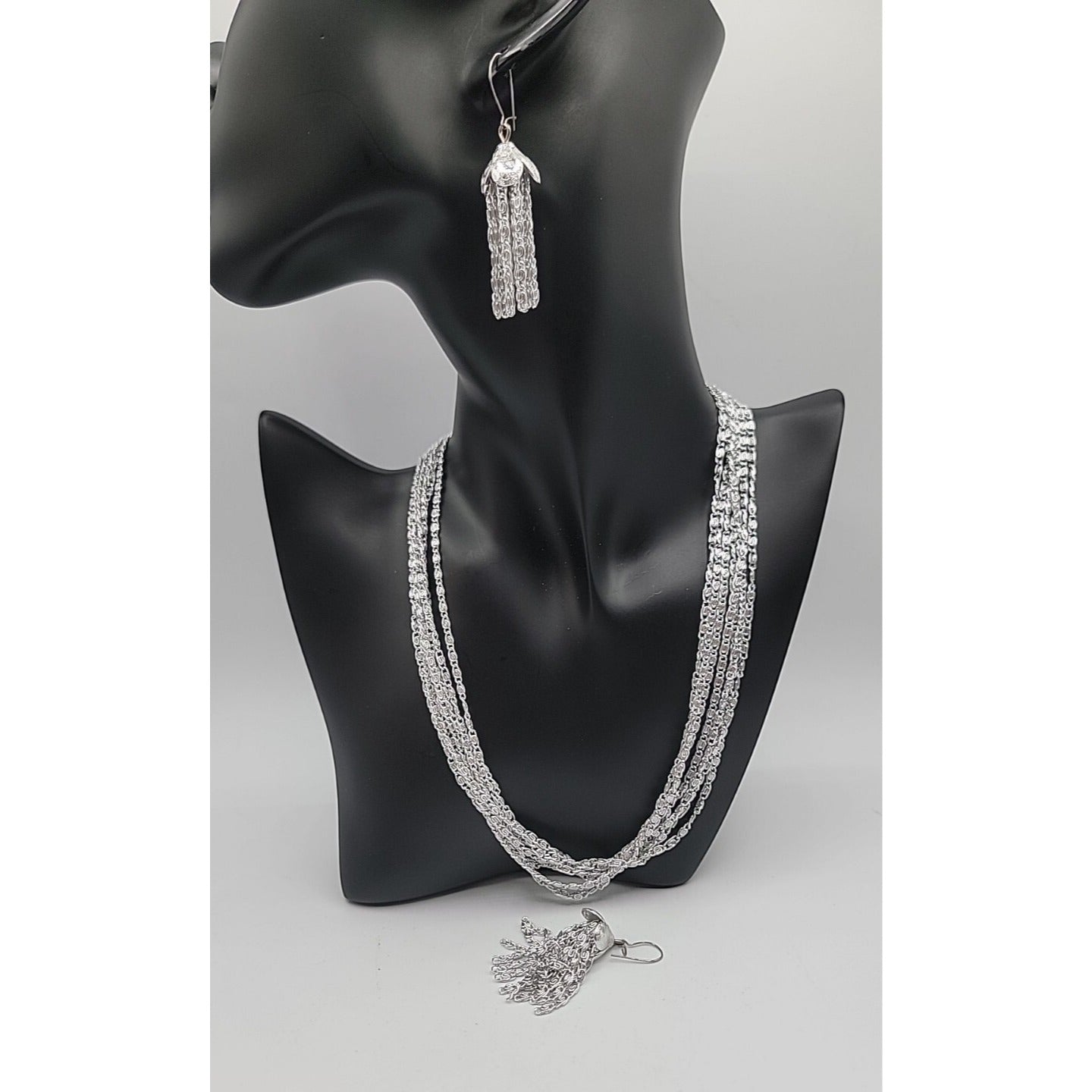 Vintage Sarah Coventry Necklace & Hook Earrings Silver Tone 17" Layered Chains