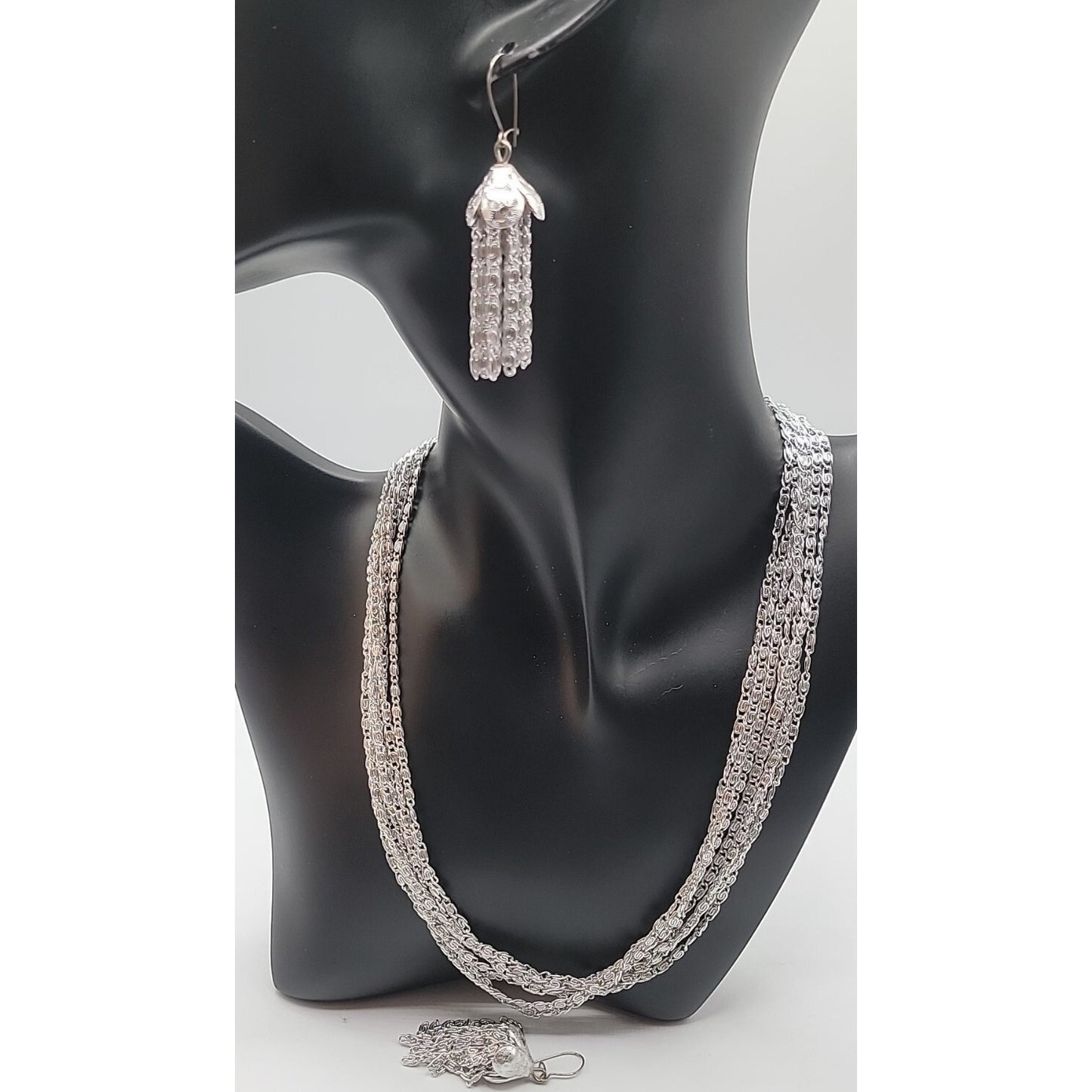 Vintage Sarah Coventry Necklace & Hook Earrings Silver Tone 17" Layered Chains