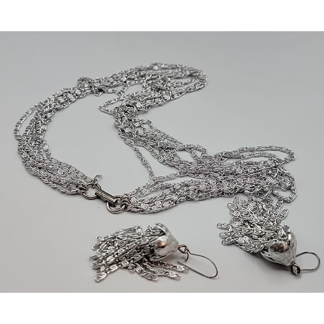 Vintage Sarah Coventry Necklace & Hook Earrings Silver Tone 17" Layered Chains