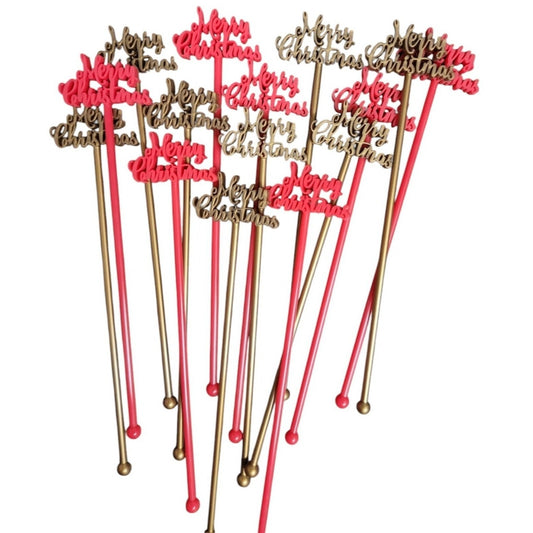 Merry Christmas Swizzle Stir Sticks Plastic Festive Holiday Drink 15 Red & Gold
