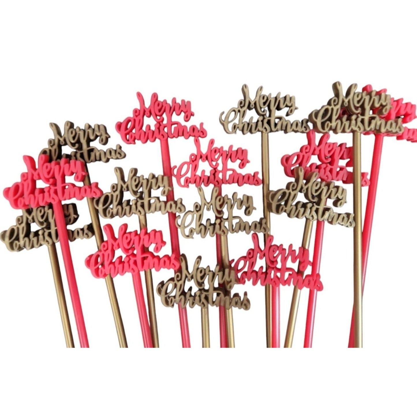 Merry Christmas Swizzle Stir Sticks Plastic Festive Holiday Drink 15 Red & Gold