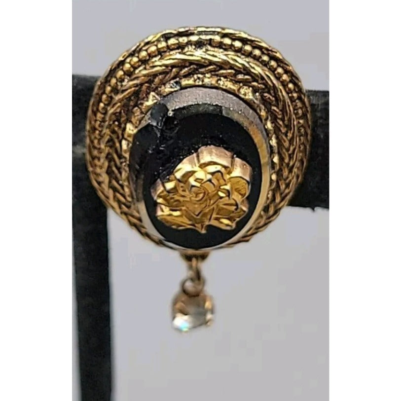 Vtg Black Glass Reverse Intaglio Rose Sweater Clip Dress Cinch 1960s Gold Tone