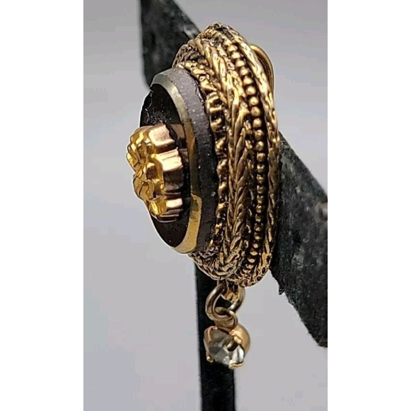 Vtg Black Glass Reverse Intaglio Rose Sweater Clip Dress Cinch 1960s Gold Tone