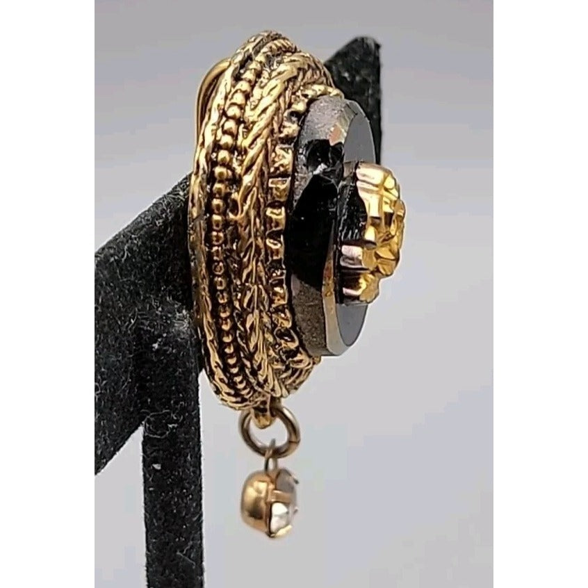Vtg Black Glass Reverse Intaglio Rose Sweater Clip Dress Cinch 1960s Gold Tone