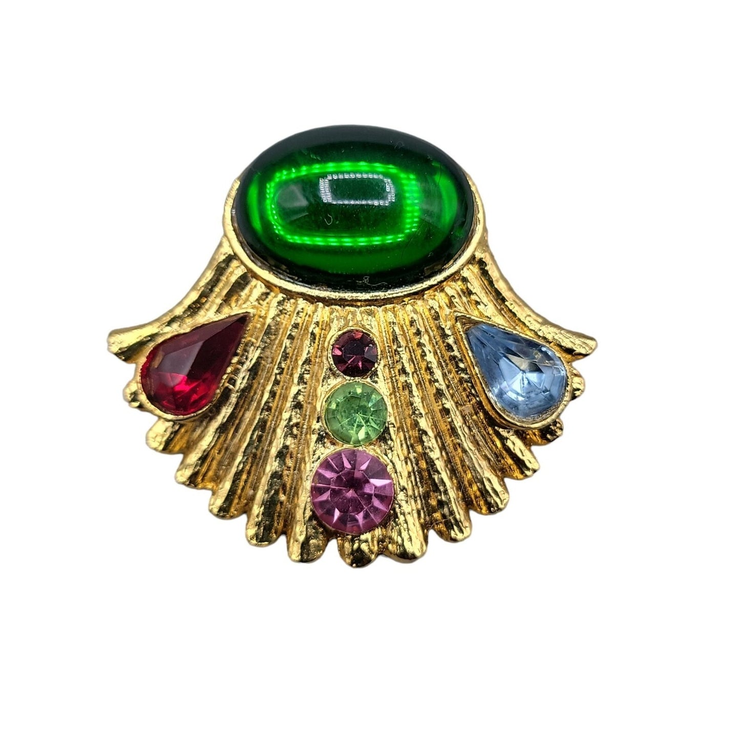 Designer Brooch High End Colorful Gold Tone Molded Glass Rhinestones
