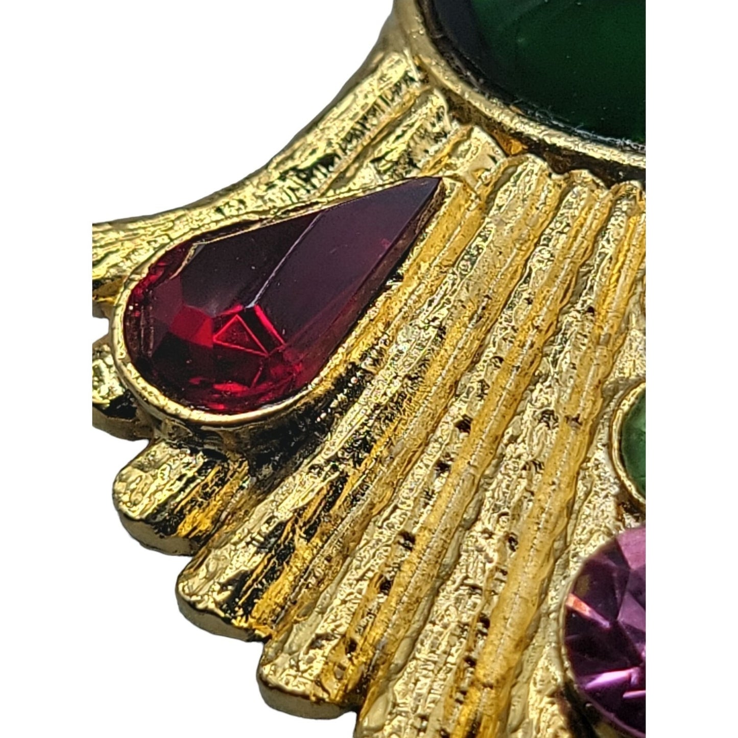 Designer Brooch High End Colorful Gold Tone Molded Glass Rhinestones