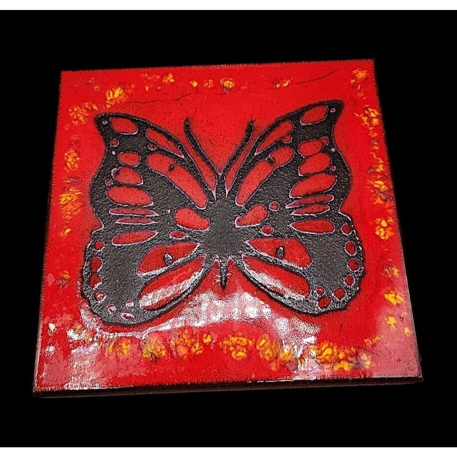 Handpainted Butterfly Terra Cotta Tile Turned Art Trivet Retro 1970s Style 6"x6"