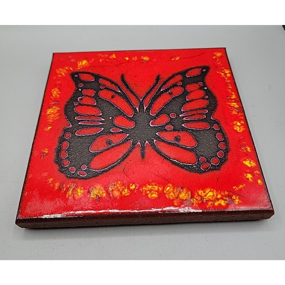 Handpainted Butterfly Terra Cotta Tile Turned Art Trivet Retro 1970s Style 6"x6"