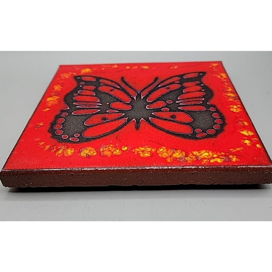 Handpainted Butterfly Terra Cotta Tile Turned Art Trivet Retro 1970s Style 6"x6"