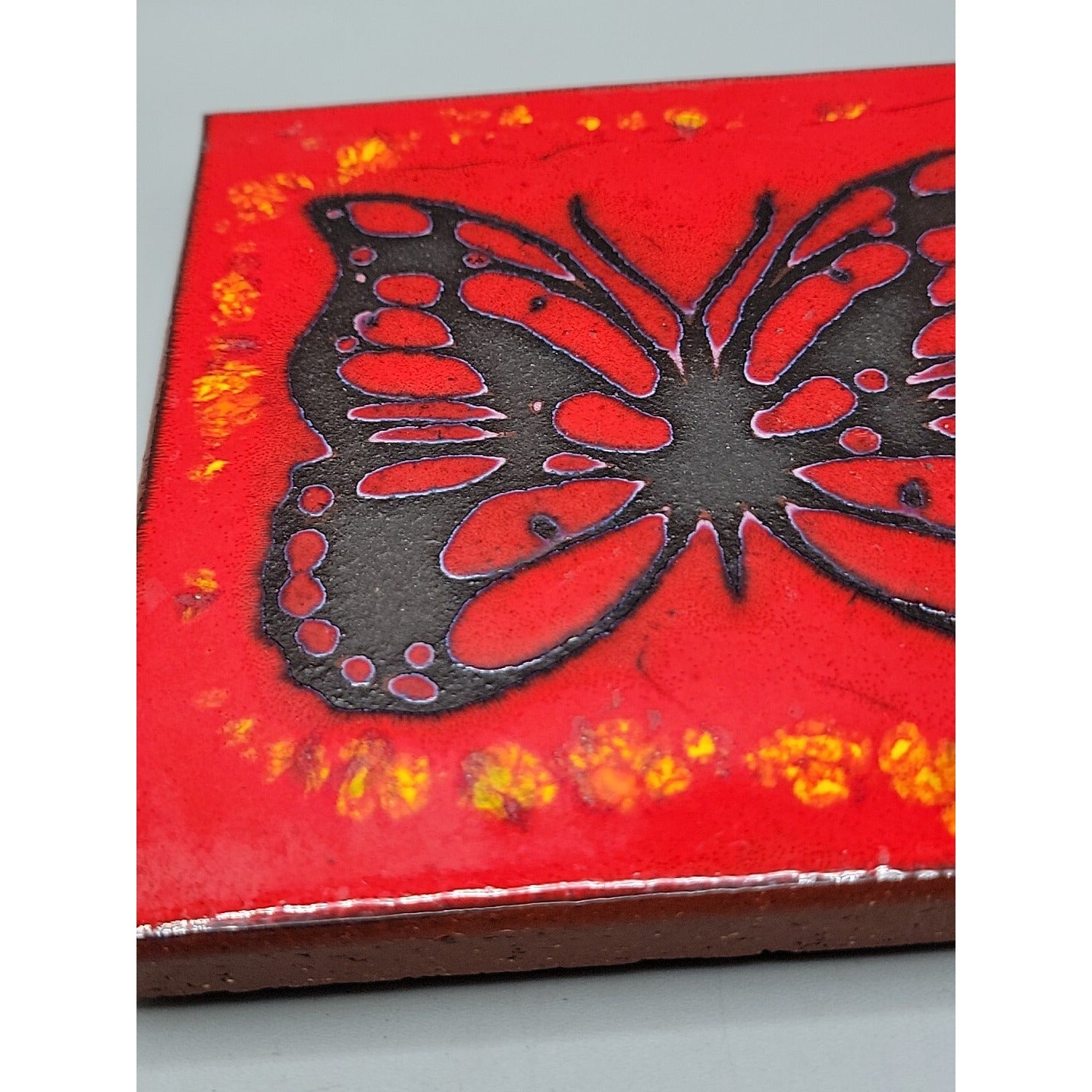 Handpainted Butterfly Terra Cotta Tile Turned Art Trivet Retro 1970s Style 6"x6"