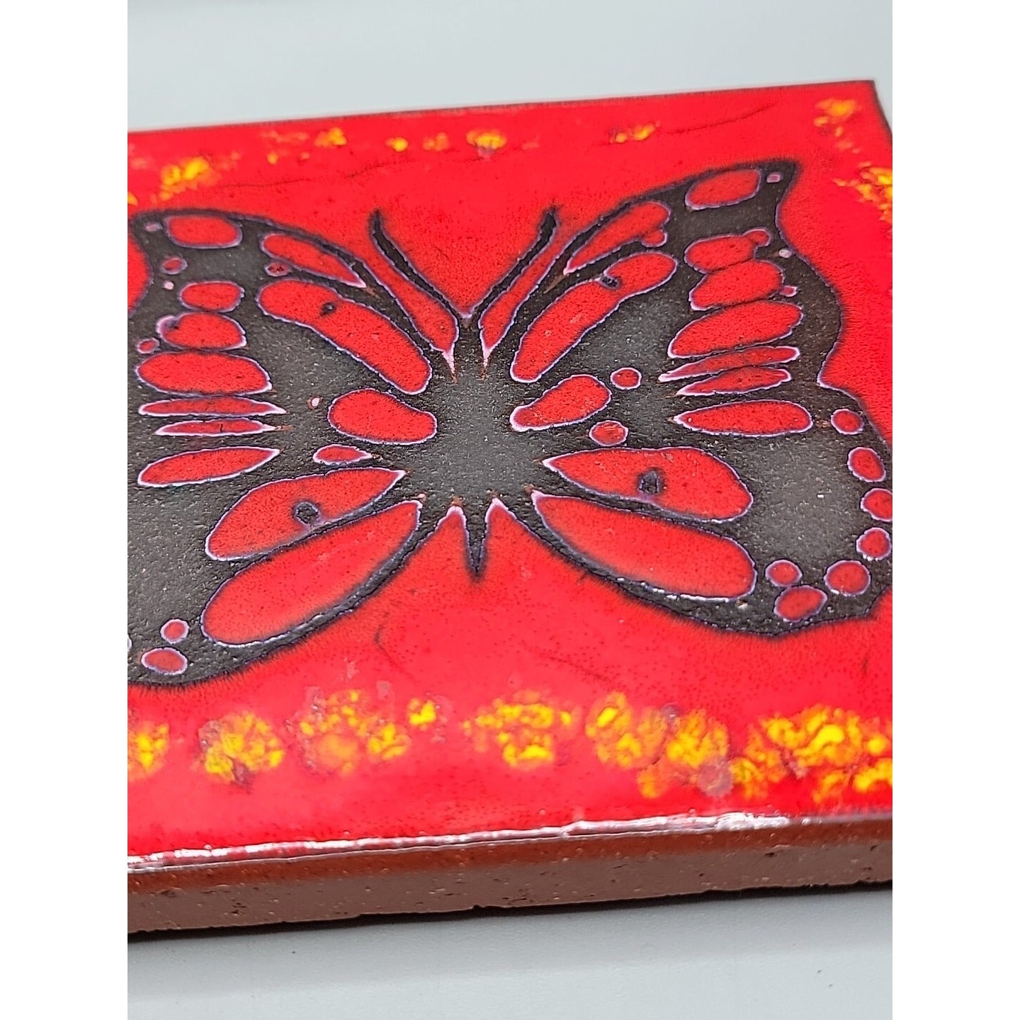 Handpainted Butterfly Terra Cotta Tile Turned Art Trivet Retro 1970s Style 6"x6"