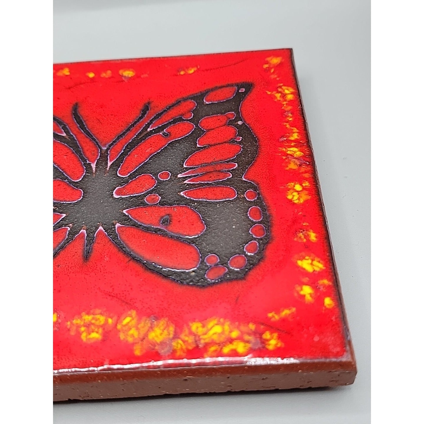 Handpainted Butterfly Terra Cotta Tile Turned Art Trivet Retro 1970s Style 6"x6"