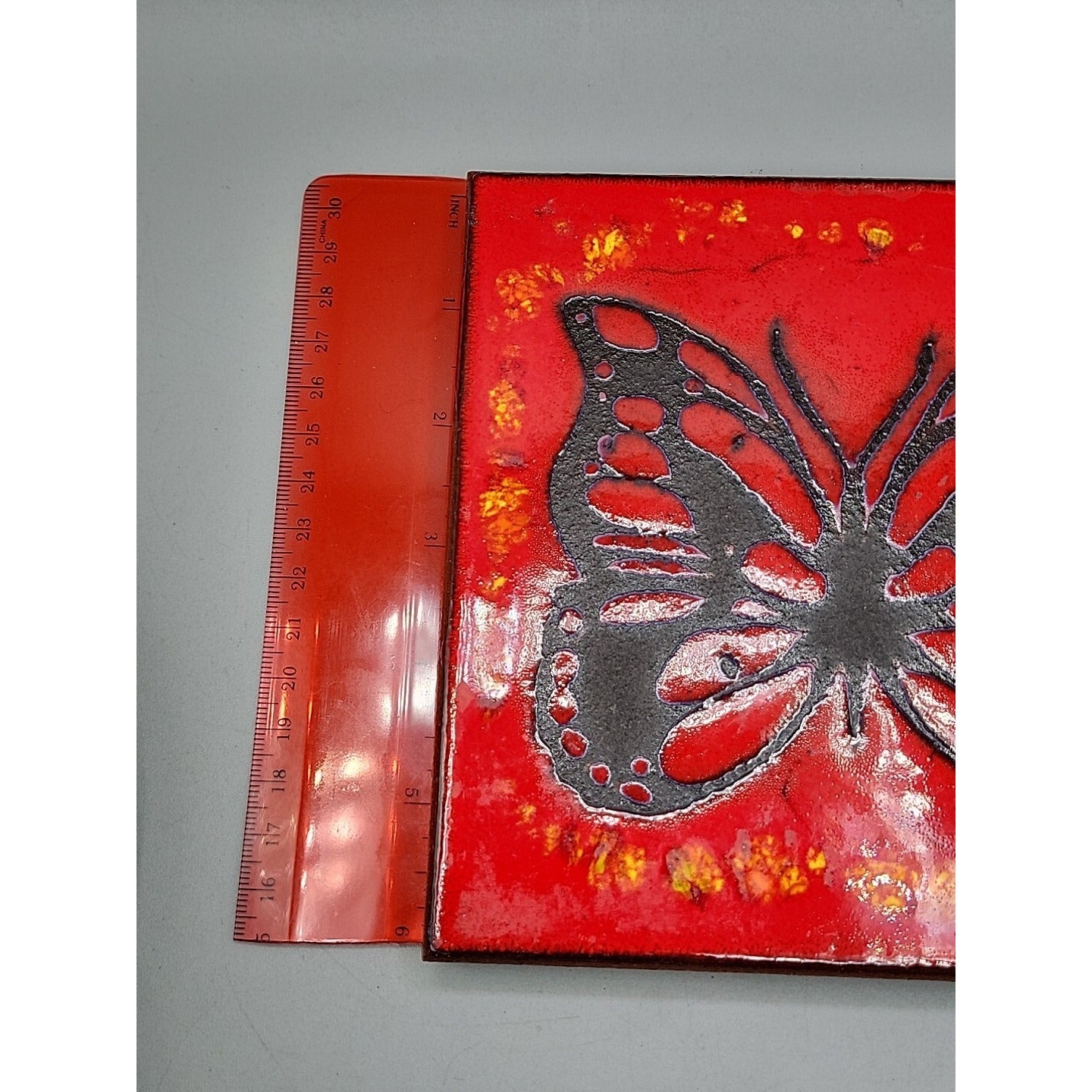 Handpainted Butterfly Terra Cotta Tile Turned Art Trivet Retro 1970s Style 6"x6"