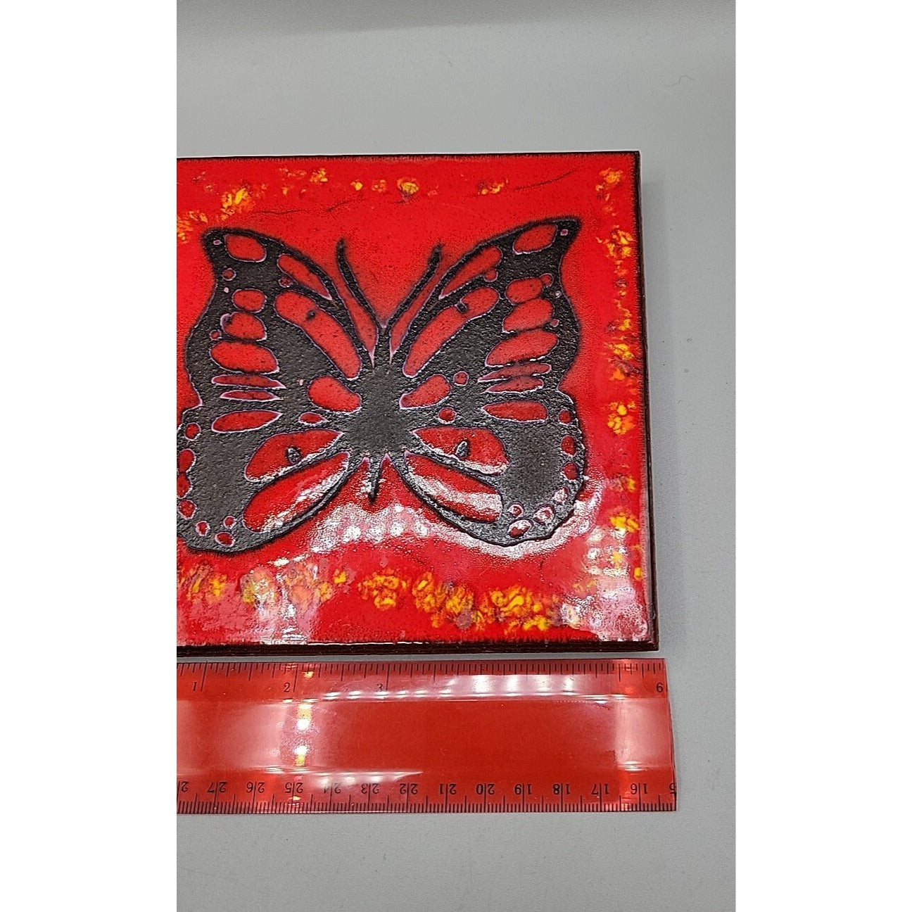 Handpainted Butterfly Terra Cotta Tile Turned Art Trivet Retro 1970s Style 6"x6"