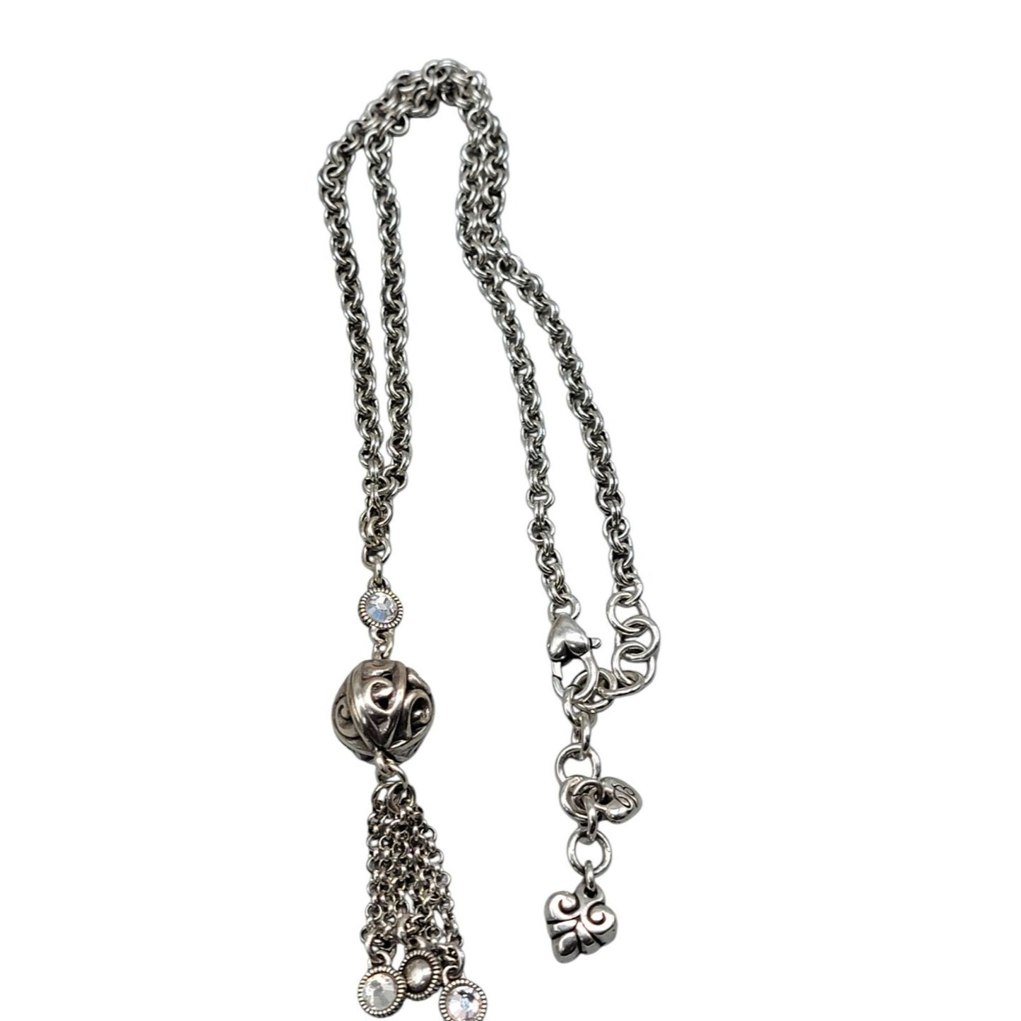 Brighton Venetian Dreams Necklace Silver Tone Filigree Ball Tassel Crystal Accent